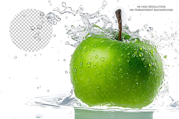 Green apple splash photo with a leaf and milk splash isolated on transparent background