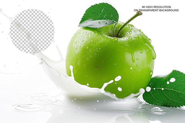 Green apple splash photo with a leaf and milk splash isolated on transparent background