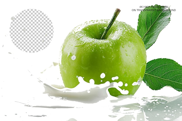 PSD green apple with leaf and milk splash isolated on transparent background