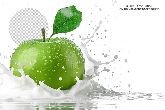 Green apple with leaf and milk splash isolated on transparent background