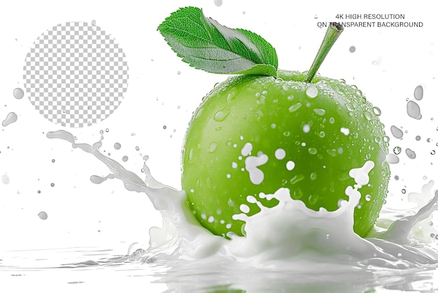 Green apple with leaf and milk splash isolated on transparent background