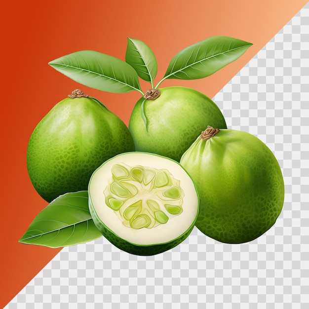 PSD Зеленое яблоко с листьями, выделенными на прозрачном фоне
