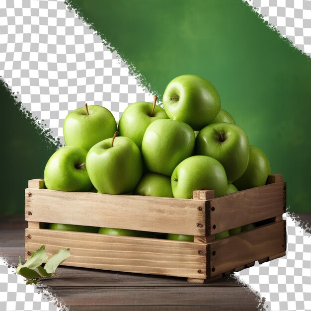 Green apples in a crate on a table transparent background