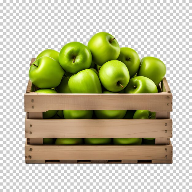 PSD mele verdi in scatola di legno isolate su uno sfondo trasparente