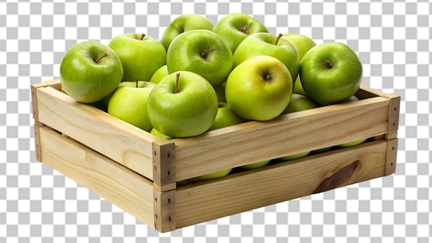PSD green apples in wooden crate isolated on transparent background