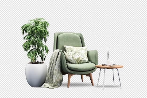 PSD green armchair and plant in 3d rendered