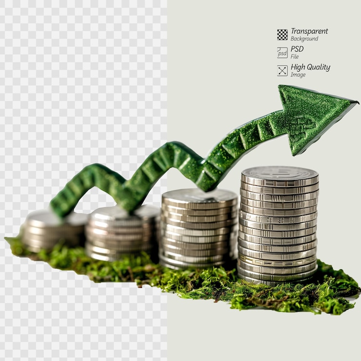 PSD green arrow on coins showing financial growth concept
