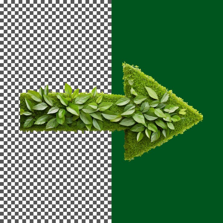 PSD green arrow symbol with fresh leaves and plants on transparent background png psd