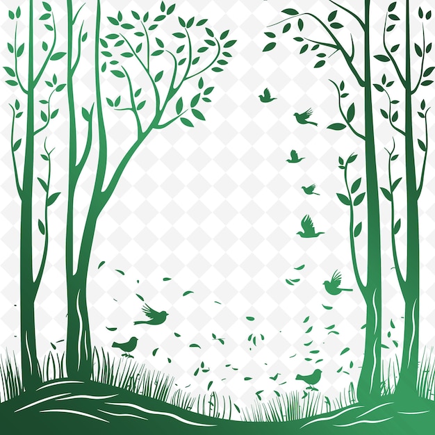 PSD uno sfondo verde con uccelli che volano intorno alla foresta