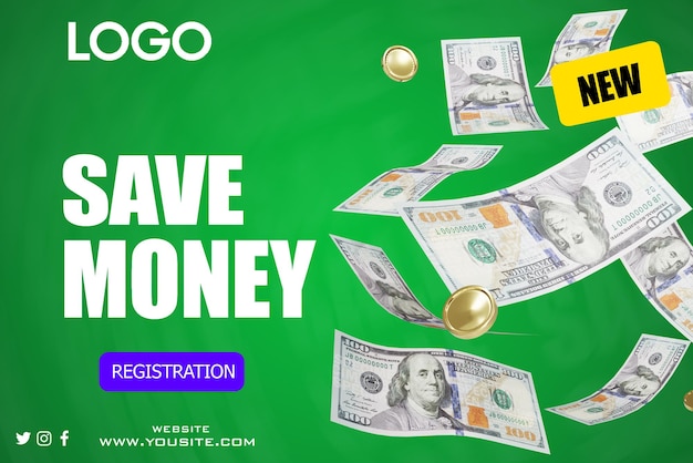 A green background with money flying in the air and the words save money.