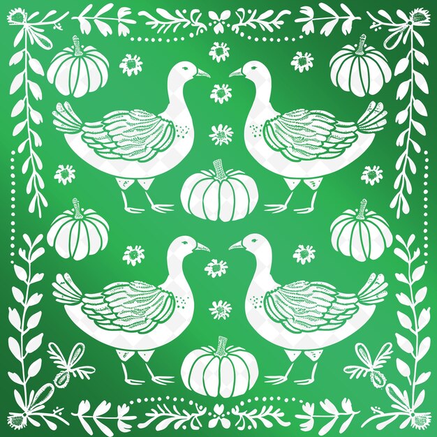 PSD a green background with a pattern of birds and pumpkins