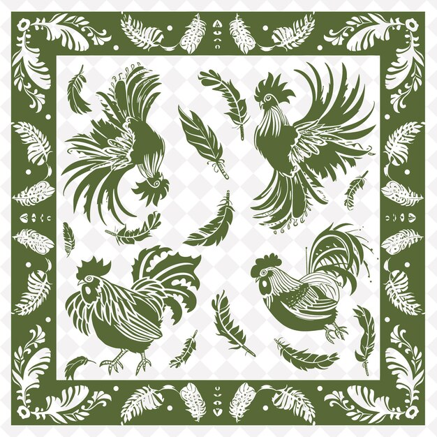 A green background with a picture of roosters and roosters