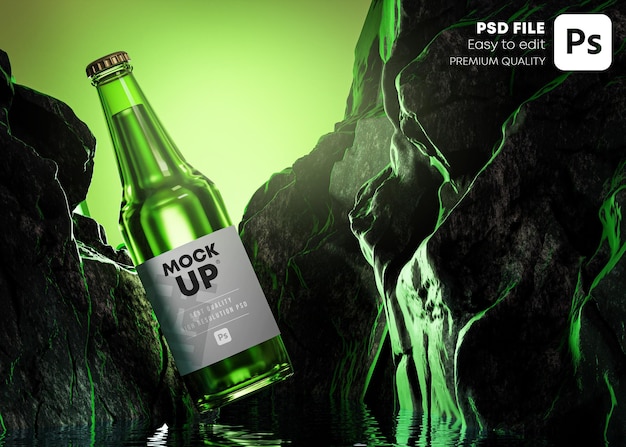 PSD bottiglia di birra verde bevanda etichetta mockup scogliera roccia acqua paesaggio 3d rendering