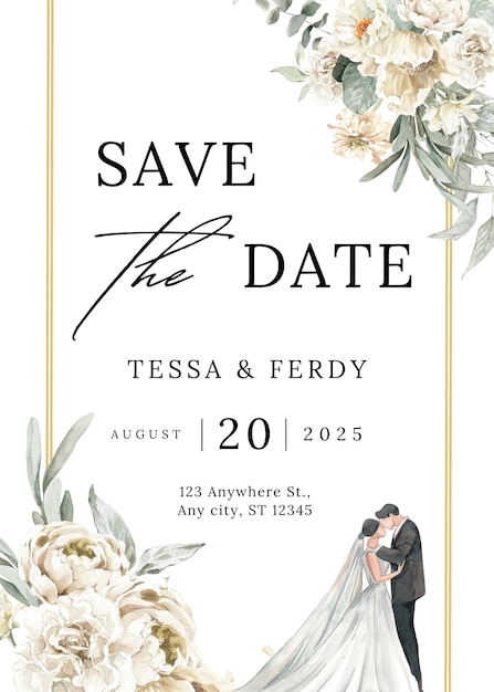 Green and Beige Leaves Save the Date Wedding Invitation