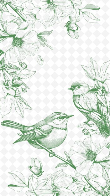 PSD uccelli verdi su uno sfondo bianco con fiori