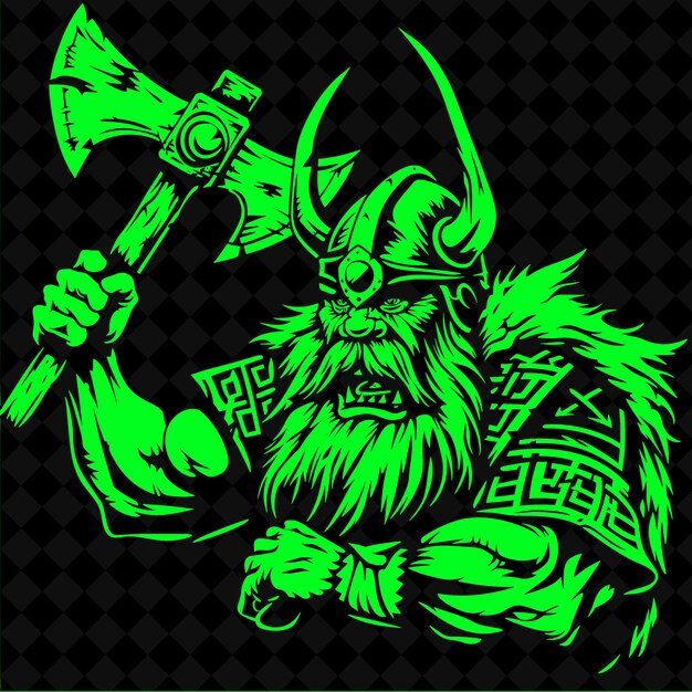 PSD a green and black illustration of a bearded man with a sword and shield