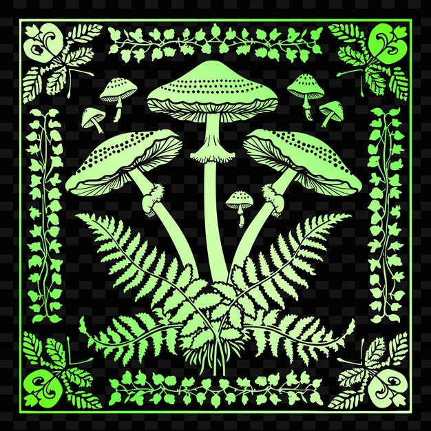 A green and black pattern with mushrooms and leaves