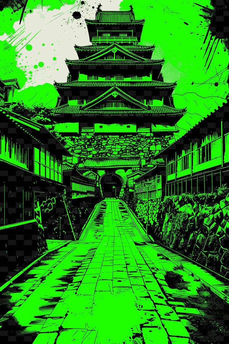 PSD a green and black photo of a building with a green background