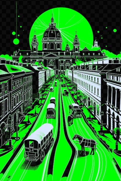 Un'immagine verde e nera di una città con uno sfondo verde
