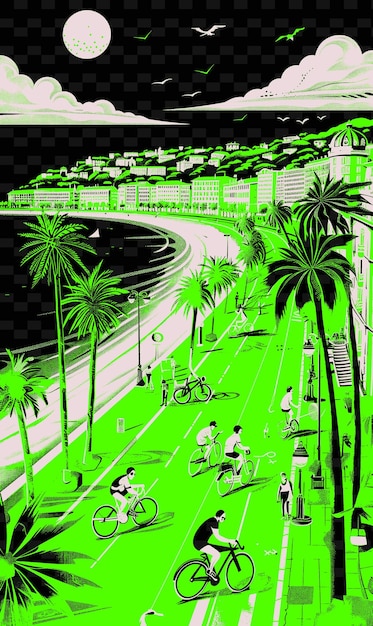 Un'immagine verde e nera di una città con palme