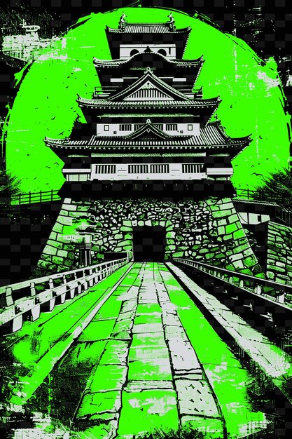 A green and black picture of a pagoda with a green background