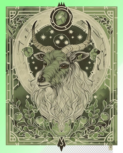 A green and black poster of a goat with a moon and stars on it