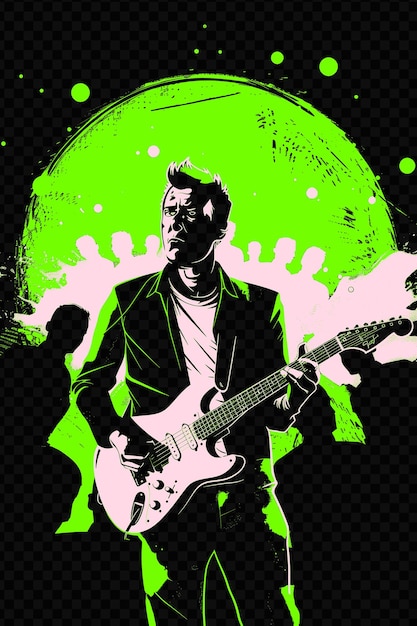 PSD a green and black poster of a man playing a guitar