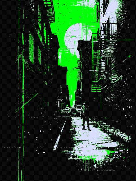 PSD a green and black poster of a man and a woman walking down a street