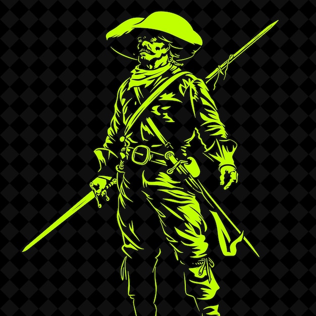 A green and black poster of a soldier with a sword