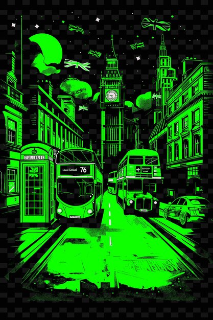 PSD a green and black poster with a double decker bus and a city scene