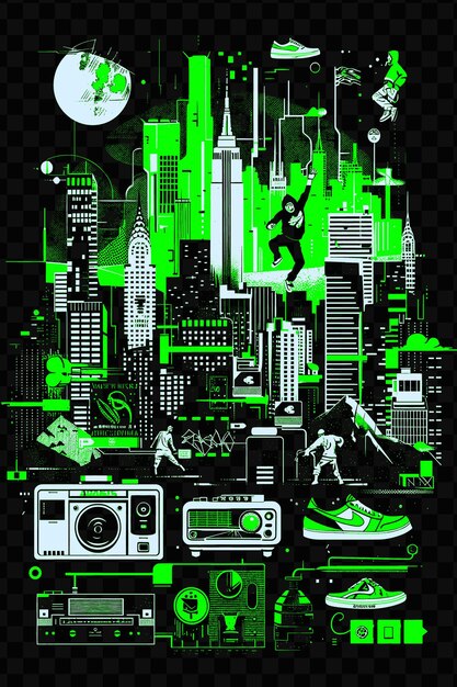 PSD a green and black poster with a green background with a cityscape in the background