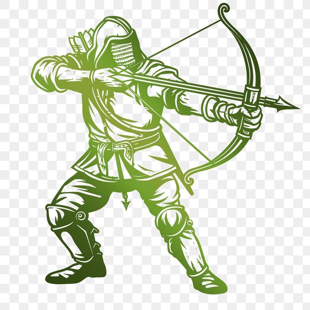 A green and black warrior with a bow and arrow on his head