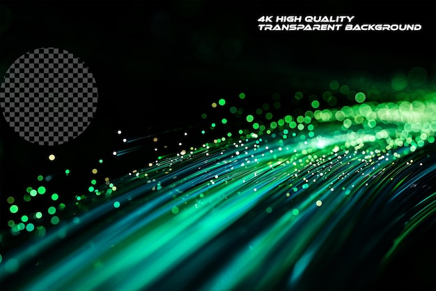 PSD green and blue fiber optics thin light streaks on transparent background