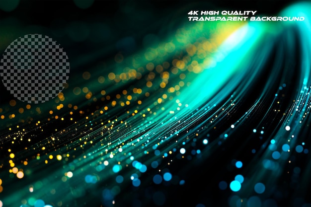 PSD green and blue fiber optics thin light streaks on transparent background