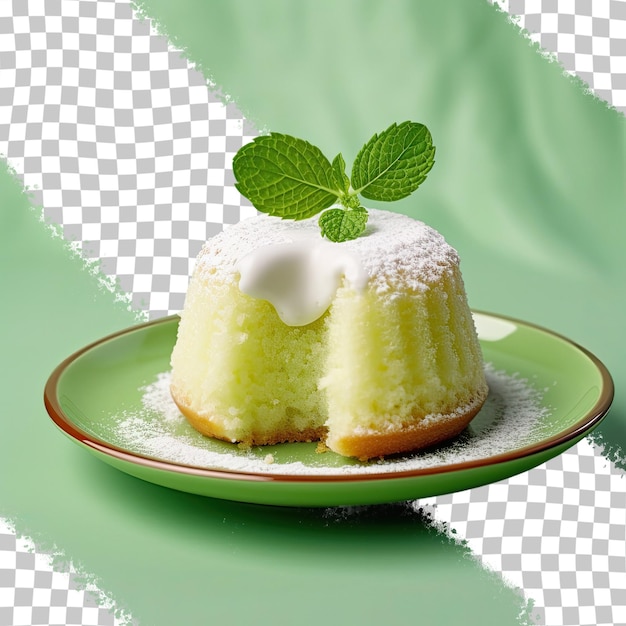 透明な背景のカラフルな皿に緑のボル・ククスケーキ