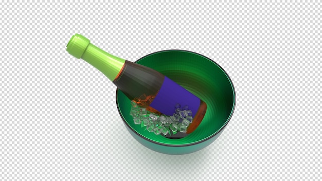 A green bowl with a bottle of wine on transparent Background