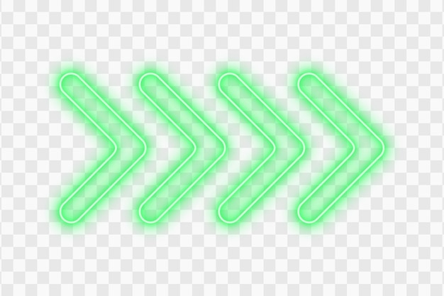 green bright color light neon arrow pointer pointing right with glowing on transparent background