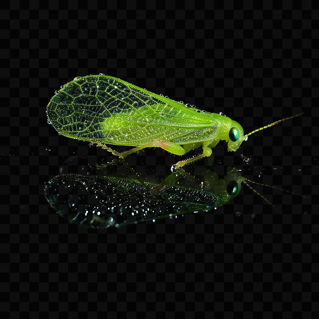 PSD a green bug is reflected in a mirror with water droplets on it