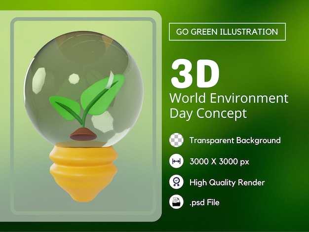 PSD illustrazione 3d di elettricità della lampadina verde psd premium