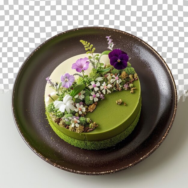 PSD a green cake with flowers on it sits on a plate