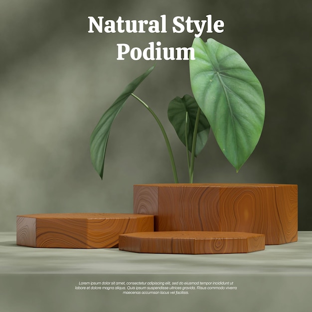 Green caladium house plant 3d rendering template mockup brown wood texture podium in square