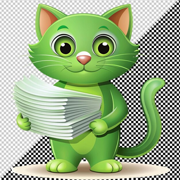 PSD green cat with stack of paper vector on transparent background