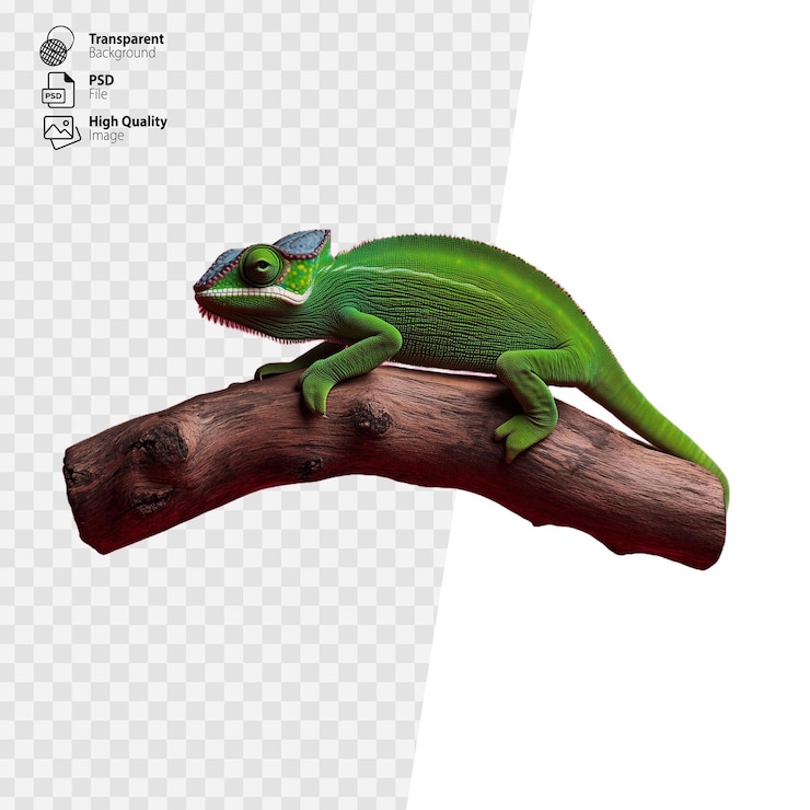 PSD green chameleon sitting on a brown branch on a transparent background