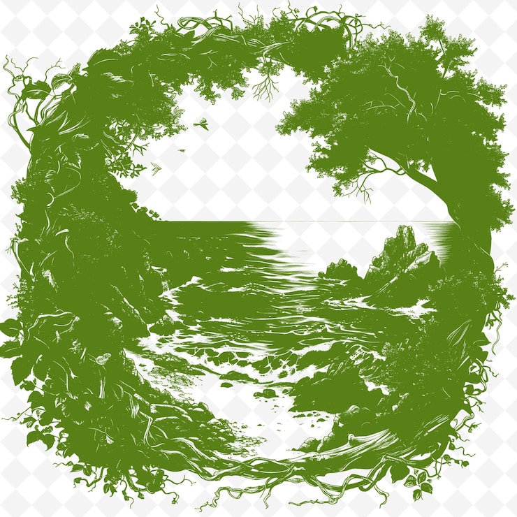 PSD a green circle with a tree on it and a river in the background