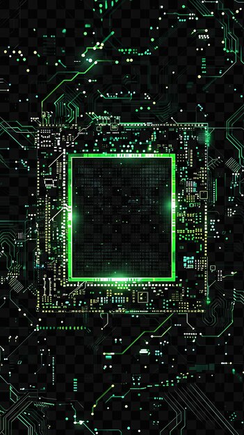 Una scheda di circuito verde con un quadrato verde e la luce verde sul fondo