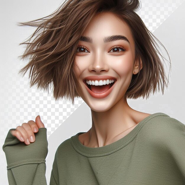 PSD green clothed oriental woman model dancing shaking laughing isolated transparent background face png