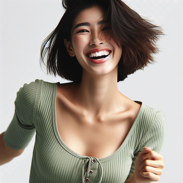 Donna orientale vestita di verde modello che balla tremando ridendo isolato sfondo trasparente viso png
