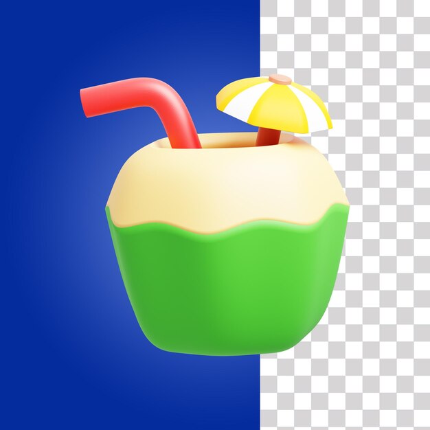 PSD a green coconut with a straw and a yellow umbrella on a blue background