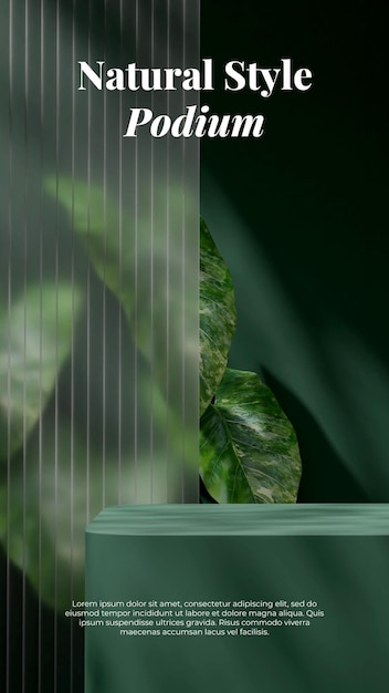 제품 연단 3d의 녹색 장면은 유리 벽과 알로카시아 식물이 있는 초상화로 모형을 렌더링합니다.