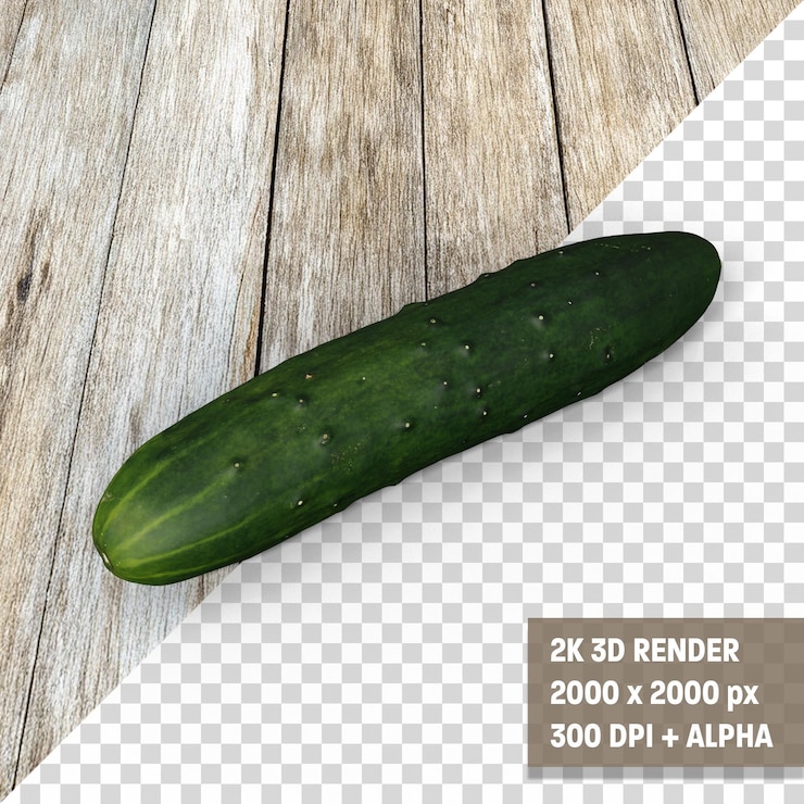PSD green cucumber on a wooden table with transparent background